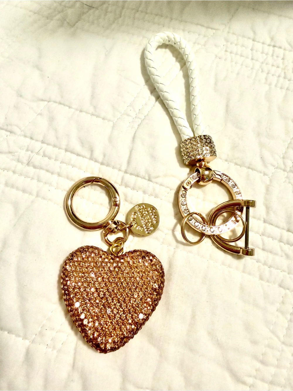 Bag Charm Crystal Heart Keychain Rose Gold with White Strap